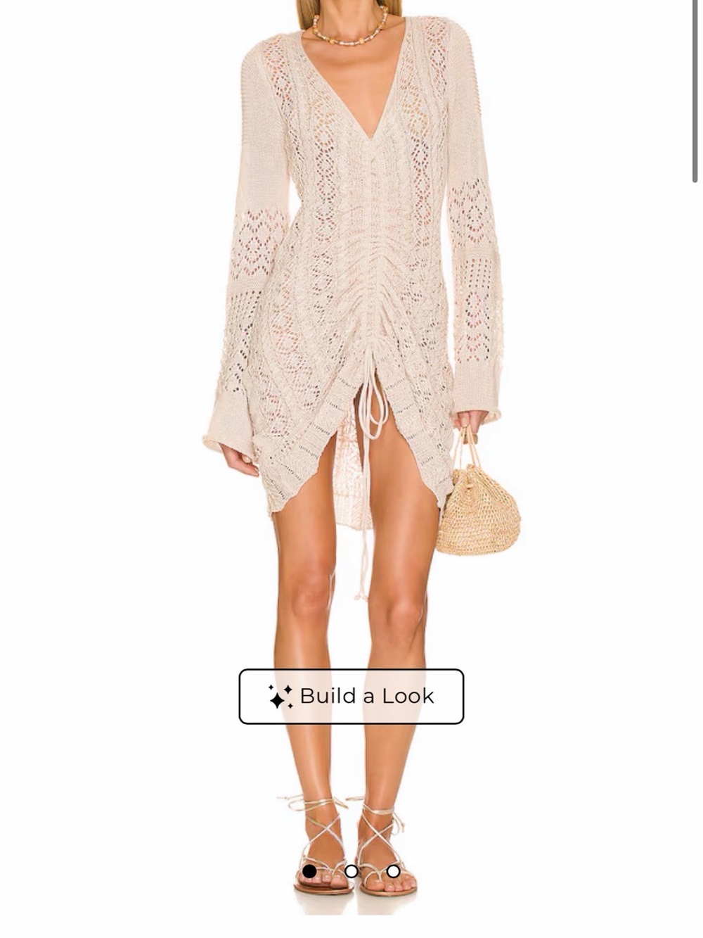 SNDYS Fate Dress Beige Open Knit Crochet Boho Mini Long Sleeve V-Neck Size Small